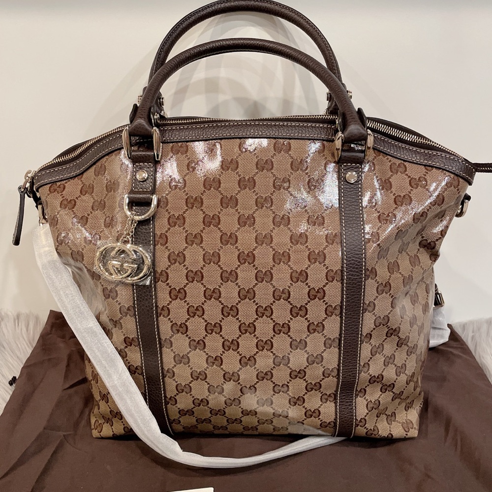 GUCCI Crystal Coated Canvas Monogram Large GG Charm Dome Satchel Bag